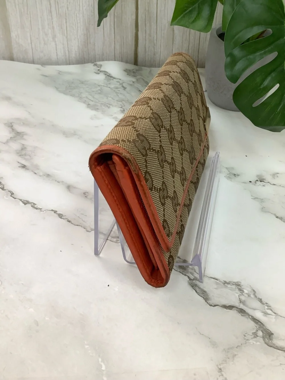 GUC Gucci Brown GG Canvas Wallet with Orange Trim and Gold Plaque - Picture 15 of 15